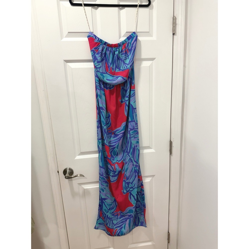 Lilly‎ Pulitzer Strapless Maxi Dress Pink Blue Floral Slit 62225 Womens Small